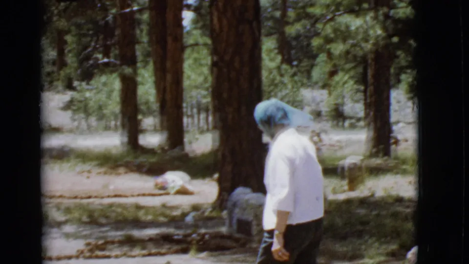 The woman looks down or turns away beside a large pine trunk, with low cemetery markers and wooded ground visible around her.