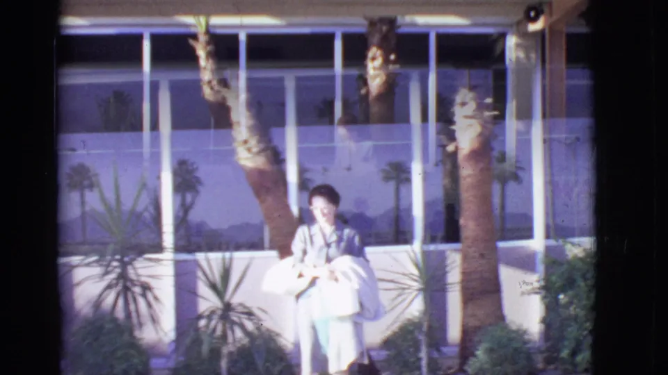In Arizona 1968, the woman is closer to the camera, holding a purse and jacket near palm trunks and reflective windows.