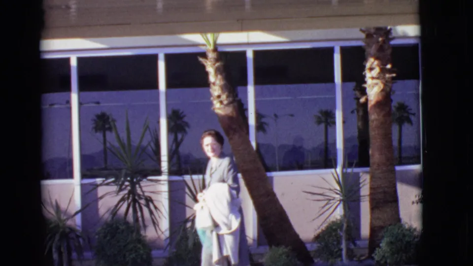 In Arizona 1968, the woman appears to glance toward the camera while standing near a palm-lined, glass-fronted exterior.