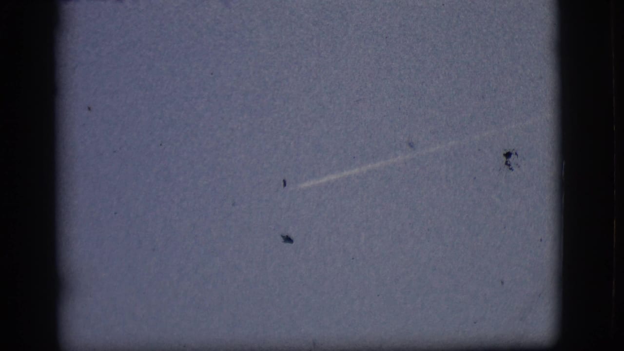 Thin white contrail across pale blue sky with dark 8mm frame borders.