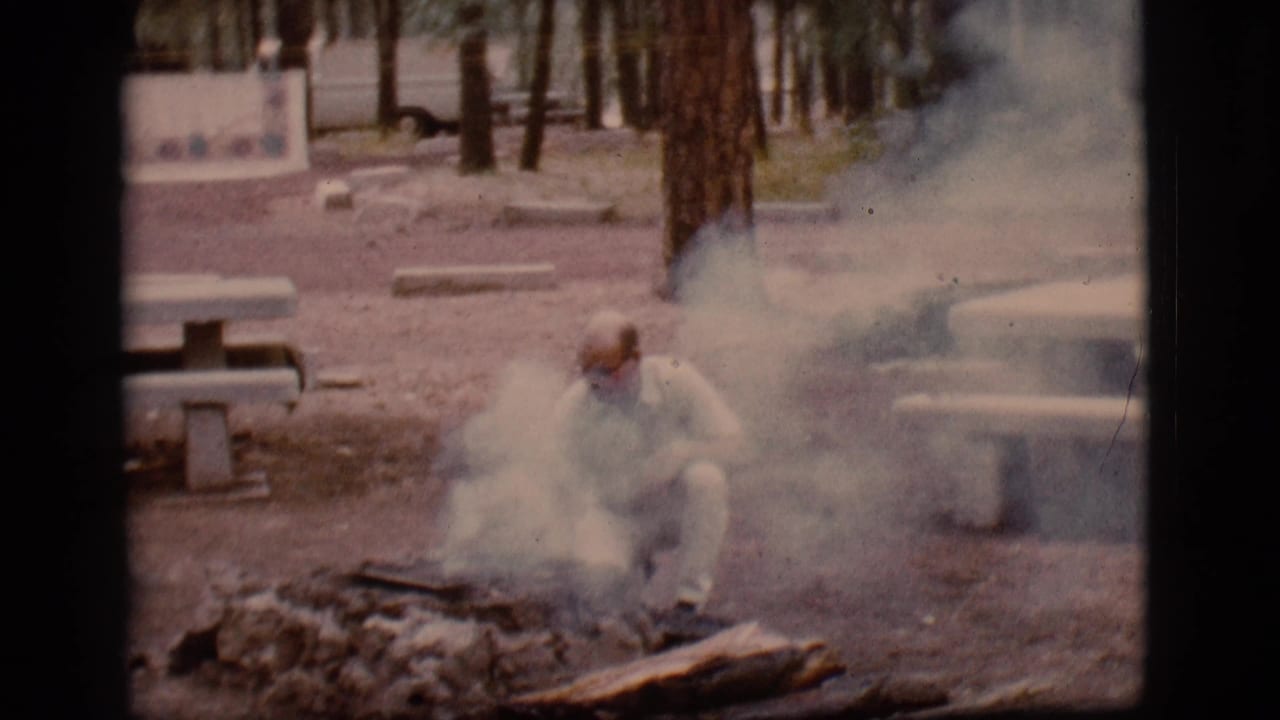 Man crouching beside a smoky campfire in a wooded campground.