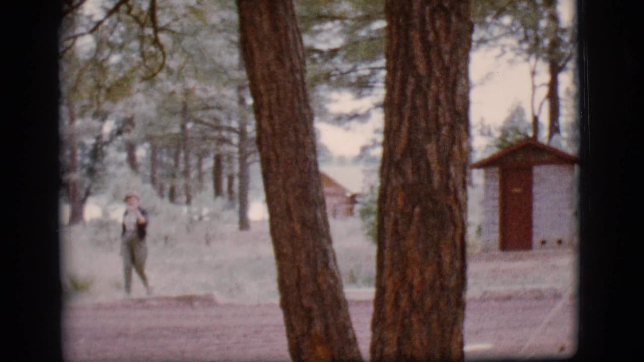 A person walks through a wooded Flagstaff campground in 1968, with tree trunks and a small outbuilding behind them.