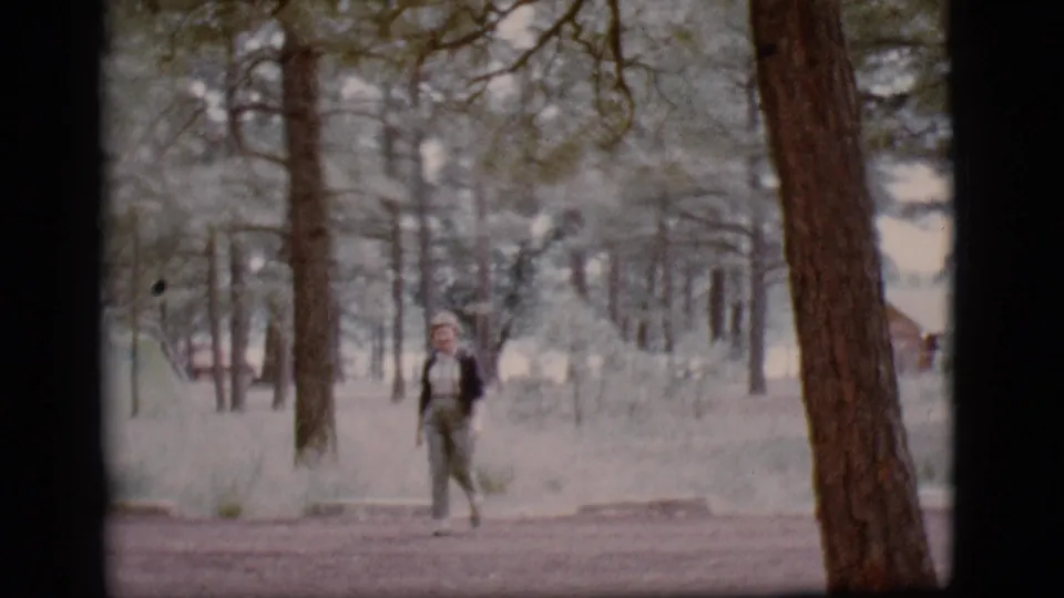 The walker remains in view among pine trunks and pale brush in the 1968 Flagstaff campground footage.