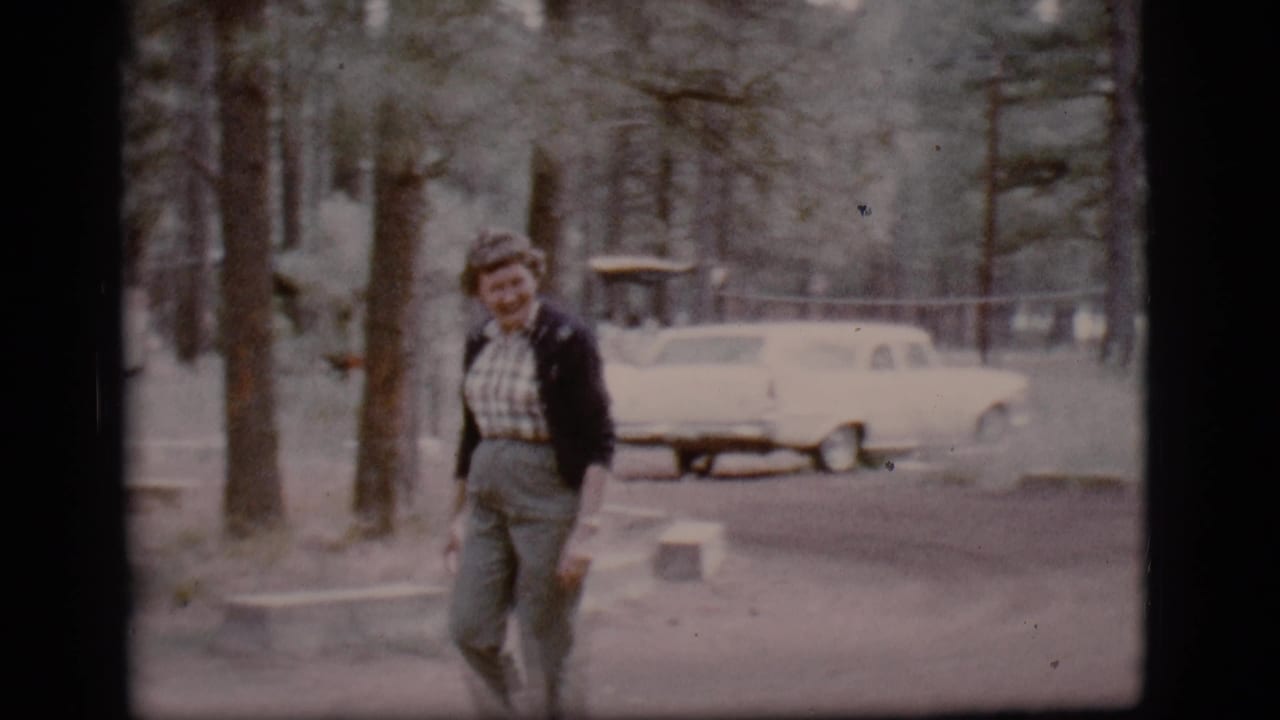 Woman in plaid shirt walks among pine trees with a pale car behind her.