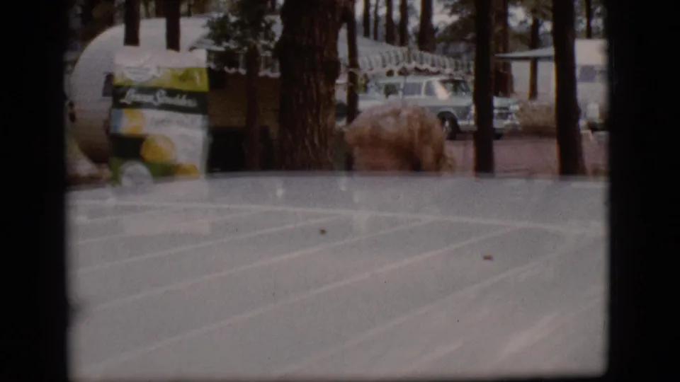 A low, partially obscured view shows a glossy vehicle surface, pine trees, a lemonade carton or box, and a parked car at the campground.