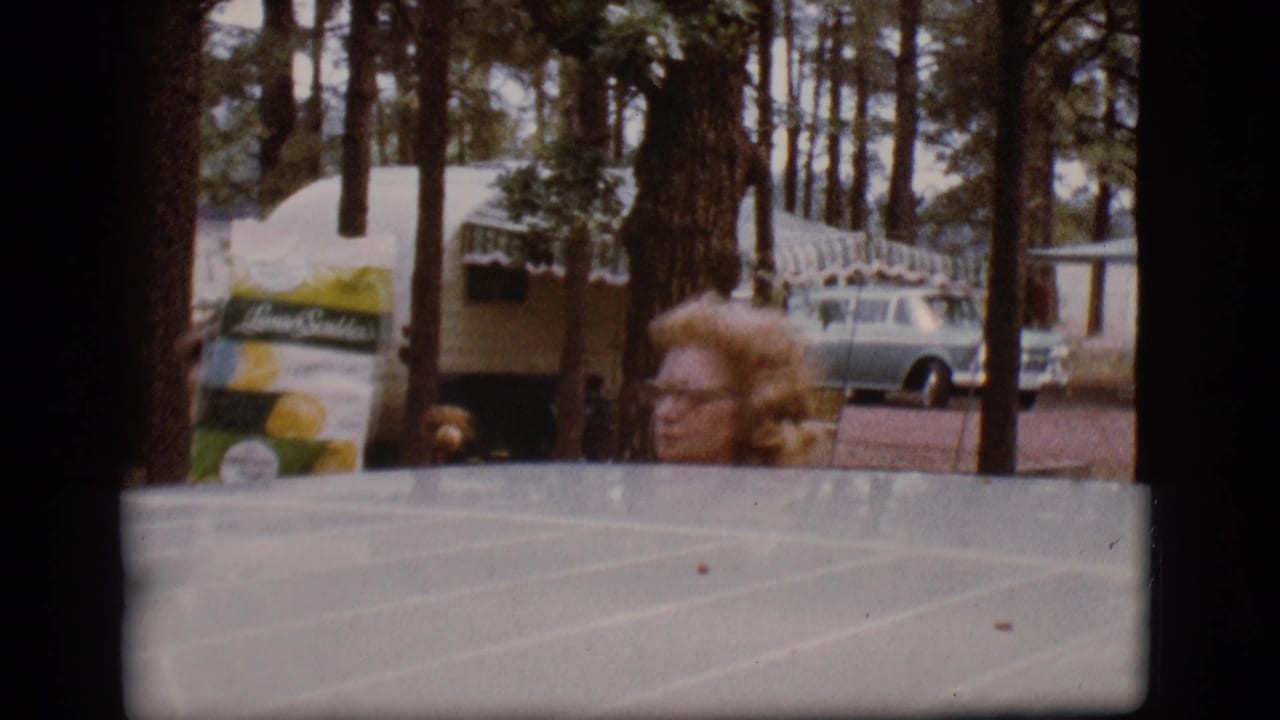 Woman with glasses near a vehicle roof at a campground with trailers, trees, and a station wagon in the background.