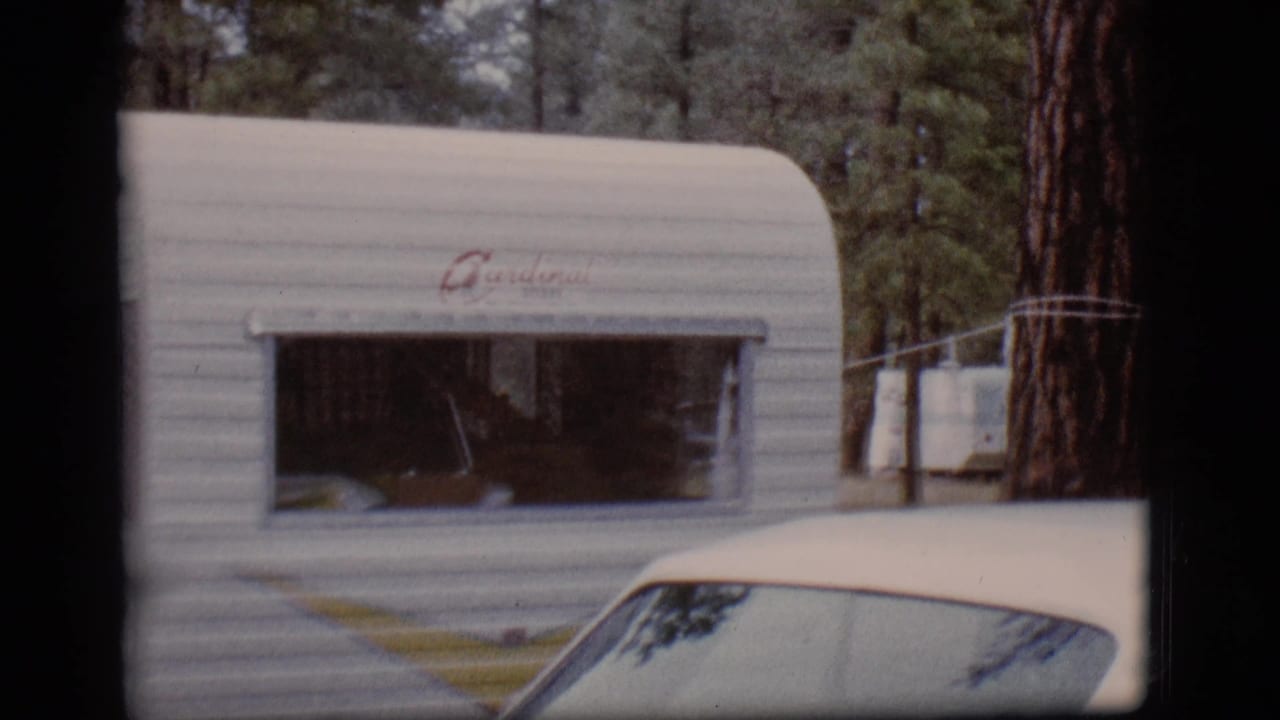 White camper trailer with a side window and partial car visible among trees.