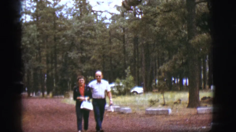 The elderly couple walks side by side in the wooded Flagstaff scene, framed by pine trees and low stone edging.