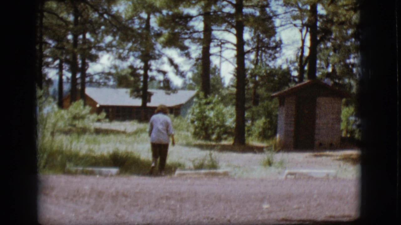 Adult walking away through a pine campground near a small outbuilding.