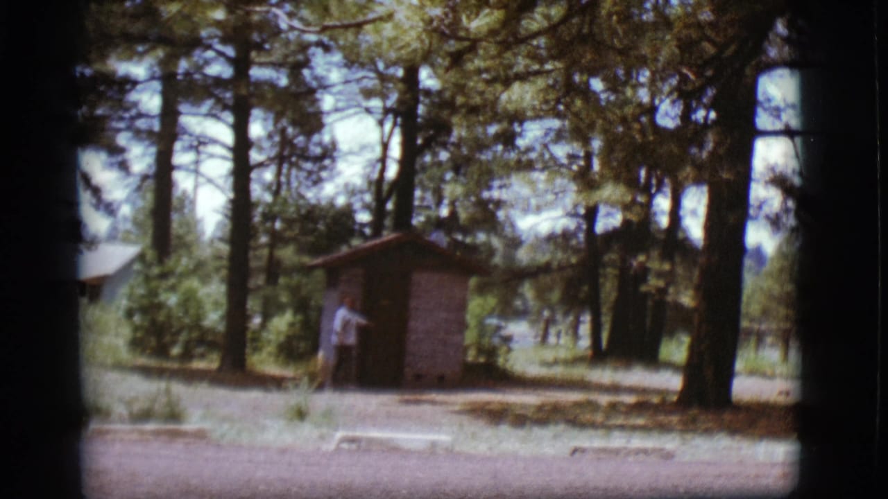 Woman points or gestures beside the shed door in the woods.