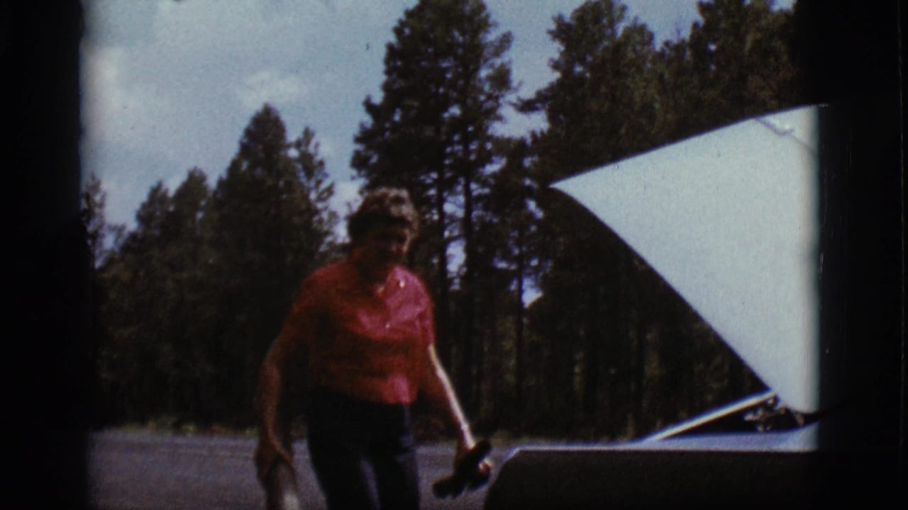 Man in a red shirt walks beside a car with its hood raised near pine trees.