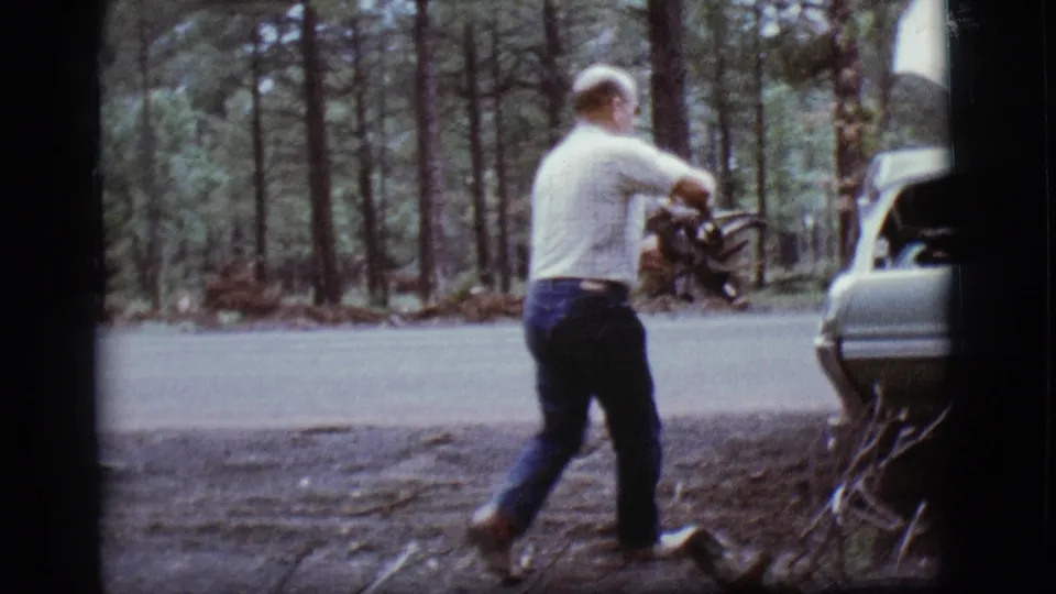A man with branches nears a light-colored car at the edge of a pine forest road in Flagstaff, Arizona.