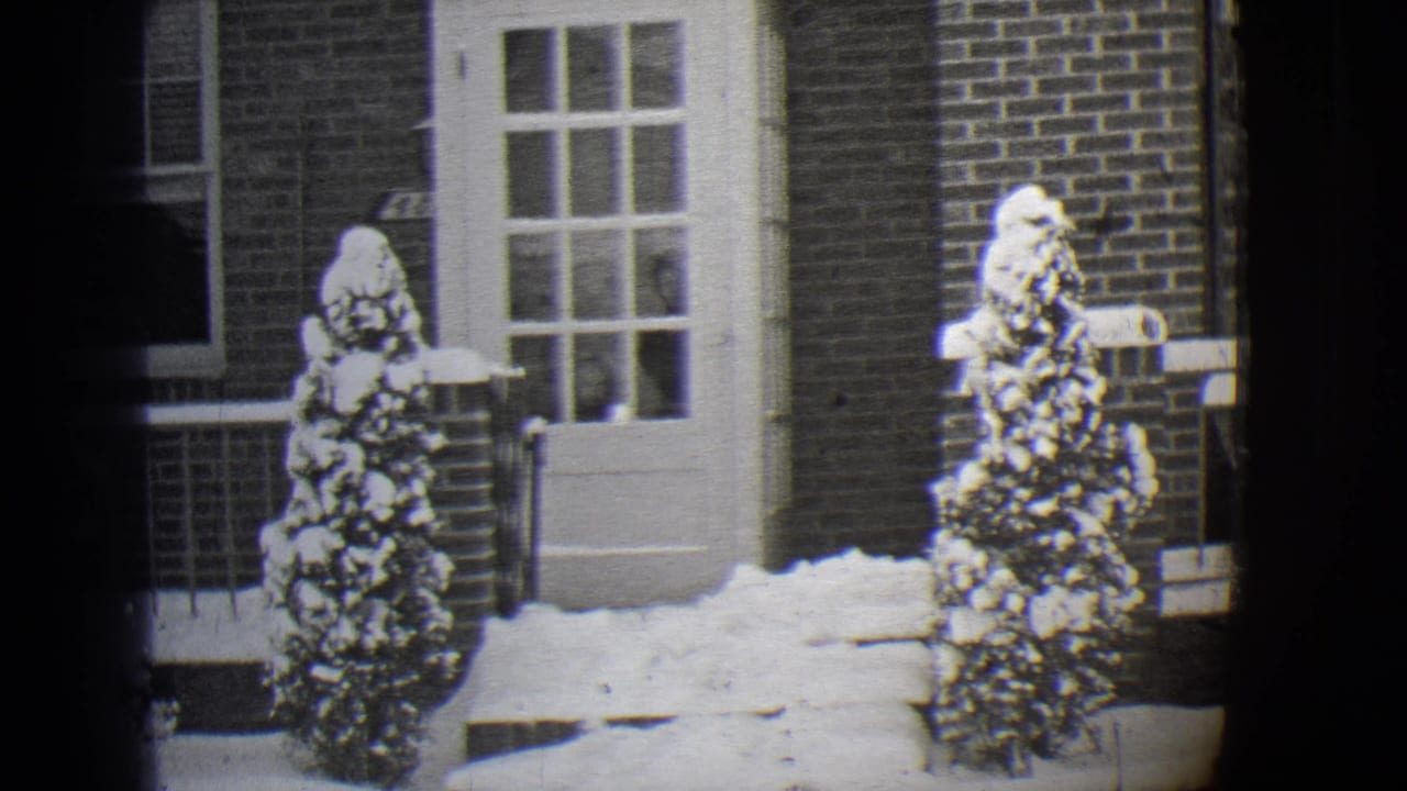 Snow-covered porch with brick wall, white door, railing, and two evergreen shrubs.