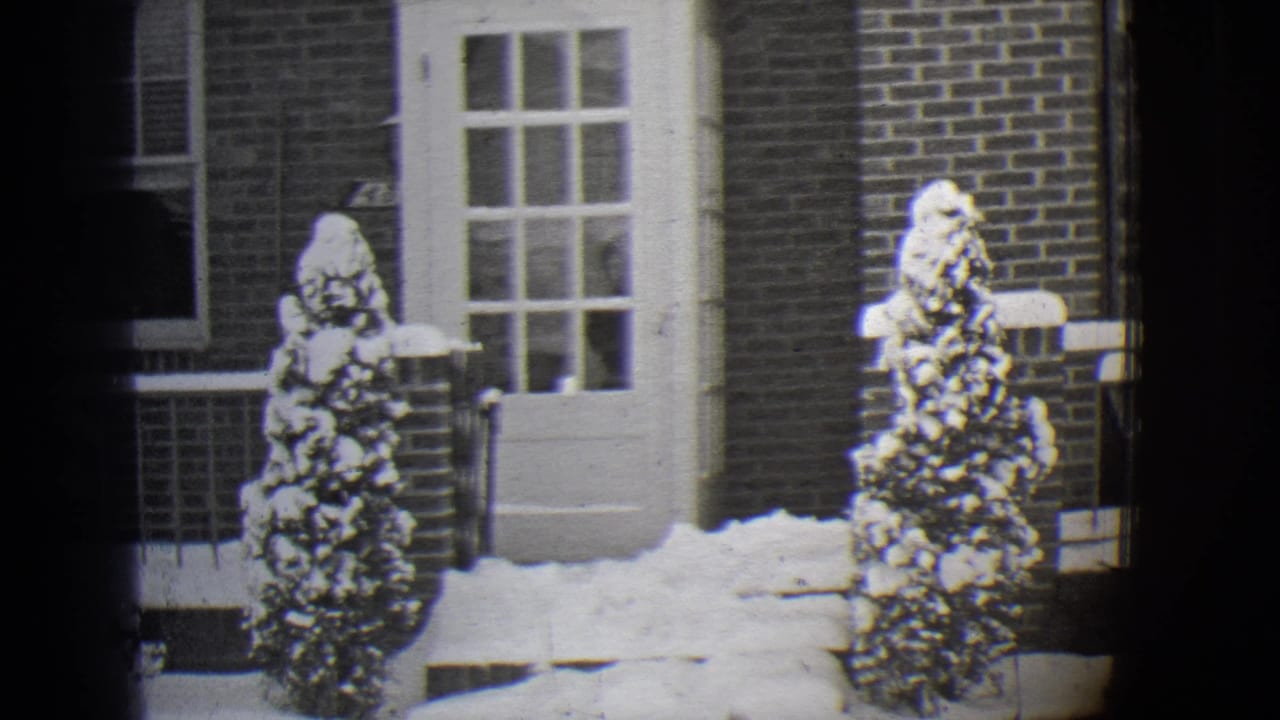 Snowy porch entrance with brick wall, white door, railing, and shrubs in winter light.
