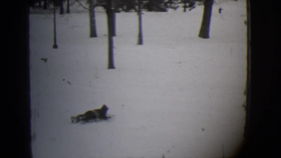 In 1944 Buffalo home-movie footage, a child lies prone on a sled gliding over snow beneath bare trees.