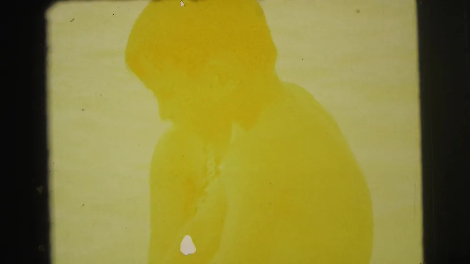 A yellow-tinted silhouette appears in the 1971 Yellowstone home-movie footage, with heavy exposure shift and aged 8mm surface marks.