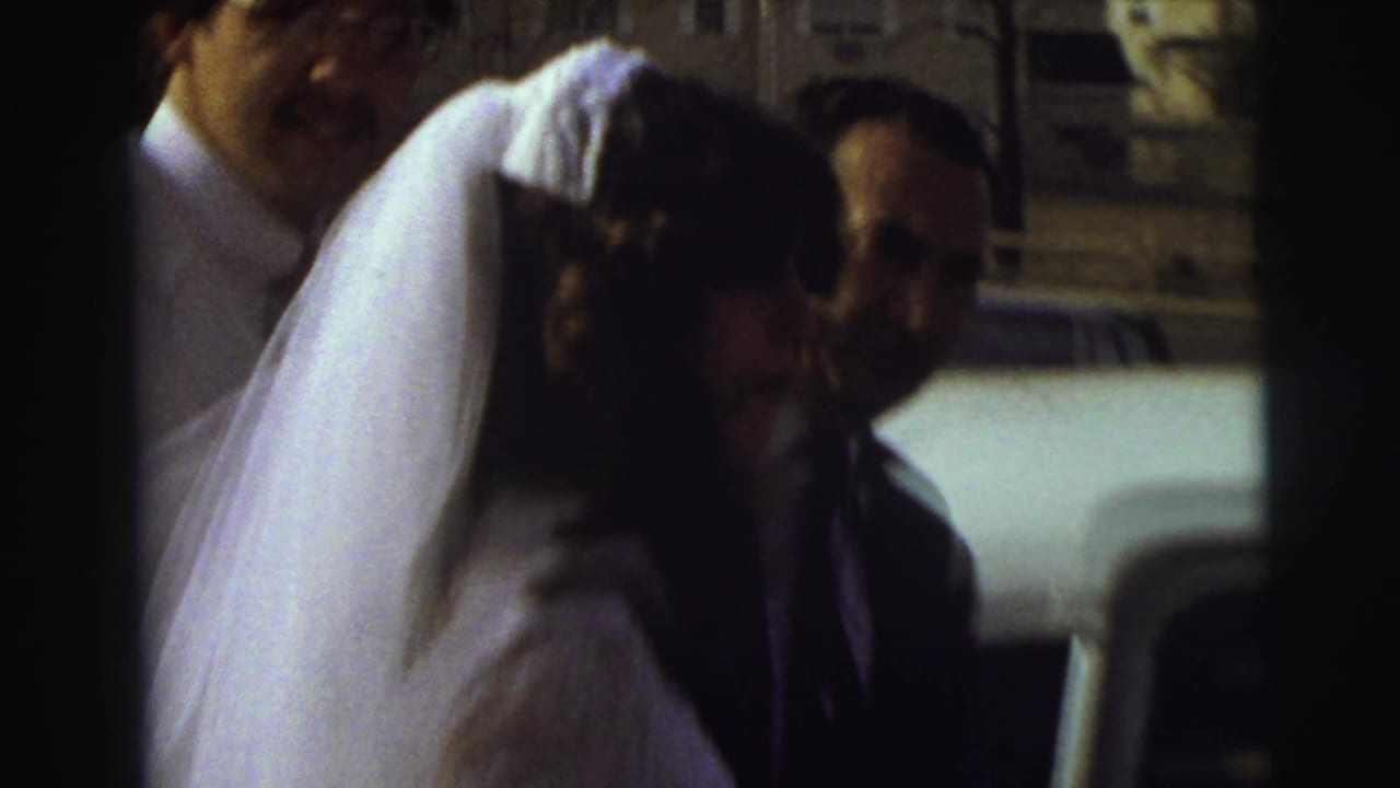 Bride in veil is close to the camera with two men nearby beside a car.