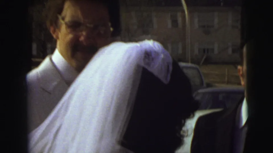 The bride's veil fills much of the frame as she turns away near the car, with the groom in a white suit visible at left.