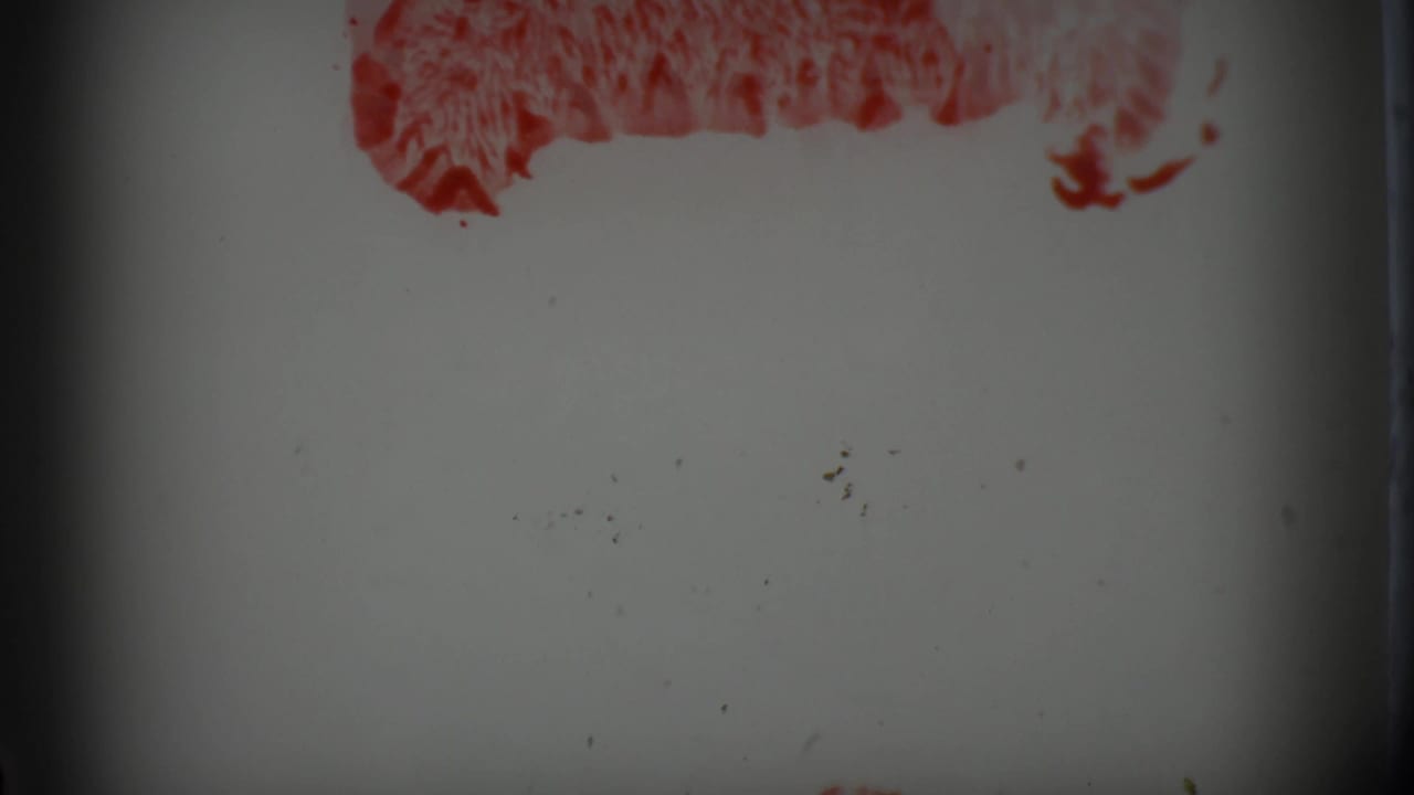 Red film leader markings across a pale 8mm frame with dark gate edges.