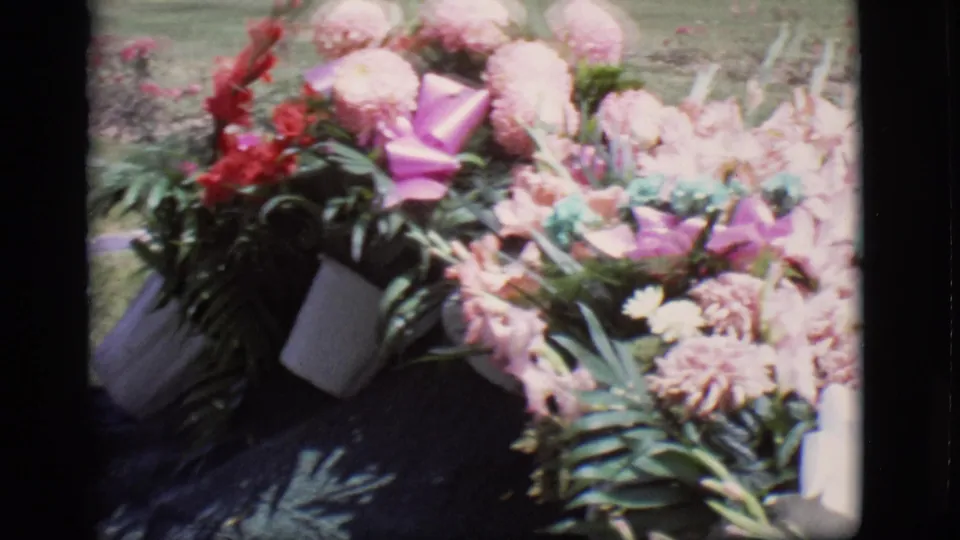 1966 Des Moines cemetery close-up of a floral grave arrangement with pink blooms, violet accents, and ribbon on a dark covering.