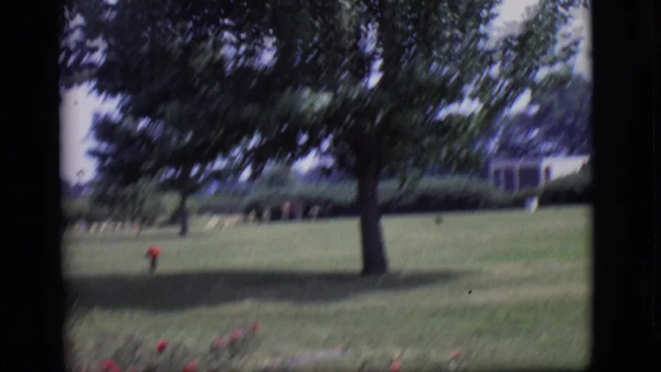 A landscaped lawn with a mature tree and distant building appears in 1966 Des Moines home-movie footage.