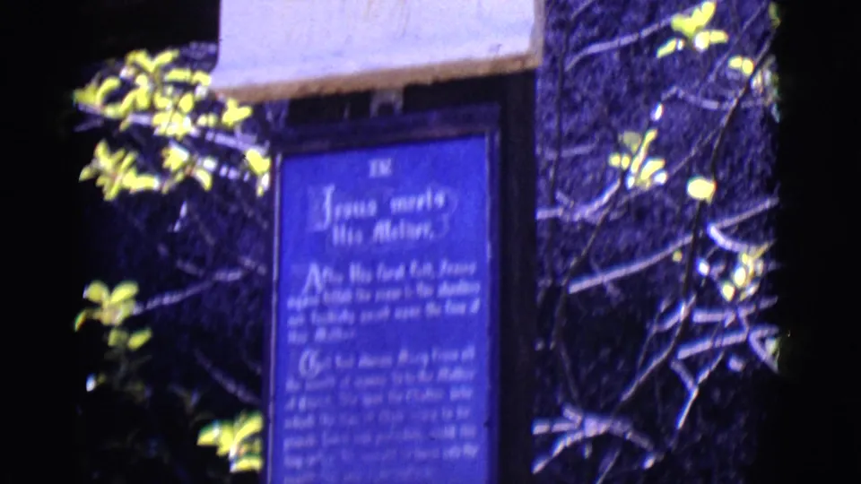 Final 8mm close-up of the blue religious station plaque in San Luis, Colorado, with foliage crossing the foreground.