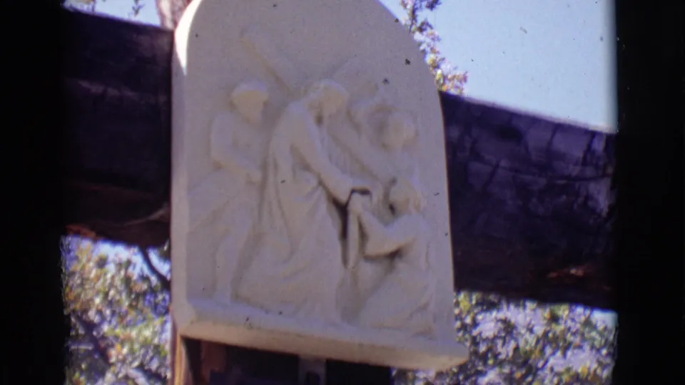 Handheld 8mm frame of the carved Station VI relief, with trees, sky, and part of the marker structure behind it.