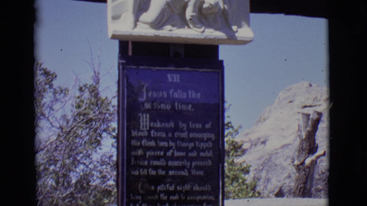 Dark Station VII plaque below a carved white relief, with rock, trees, and blue sky behind it.