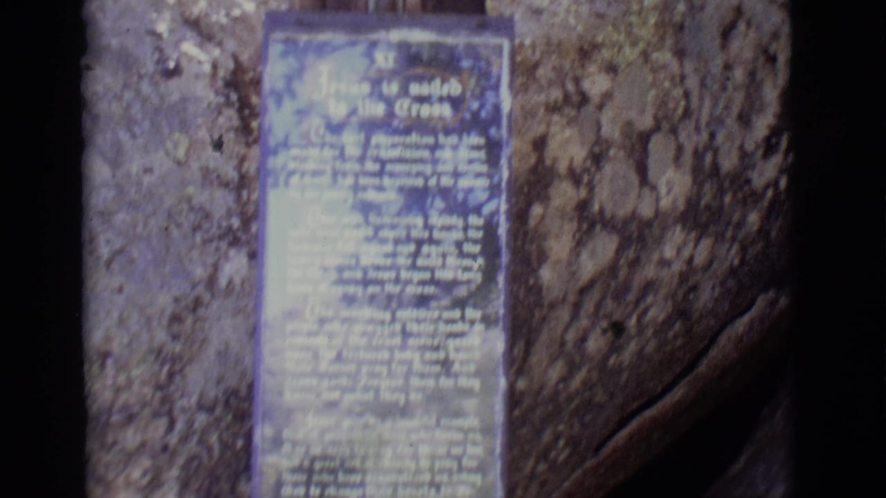 Blue plaque with white religious text mounted against a tree trunk.