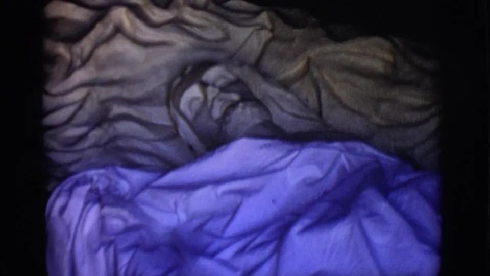 Close 8mm view of the San Luis devotional tomb display, showing a reclining sculptural figure covered by purple cloth.