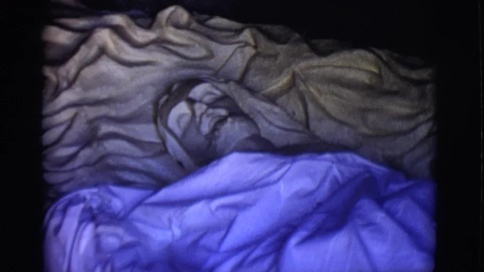 Final frame of the San Luis, Colorado clip keeps the reclining Jesus statue beneath blue and gray coverings, with low light and visible film grain.