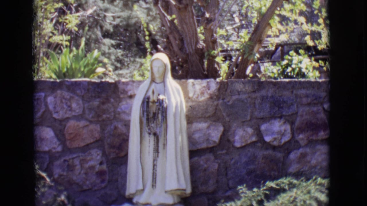 Virgin Mary statue standing in sunlight near a stone wall.
