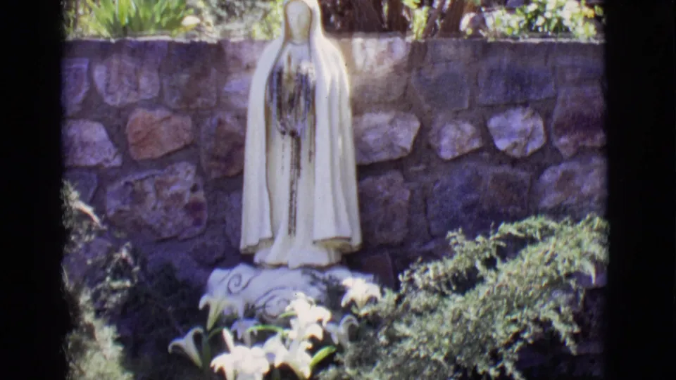 San Luis, Colorado 8mm frame showing the Virgin Mary statue above white lilies and low shrubs in a small outdoor shrine setting.