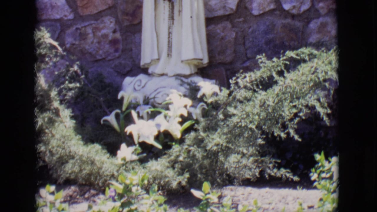 1965 San Luis, Colorado 8mm frame showing the lower half of a white Mary statue, white lilies, shrubs, and a stone wall.