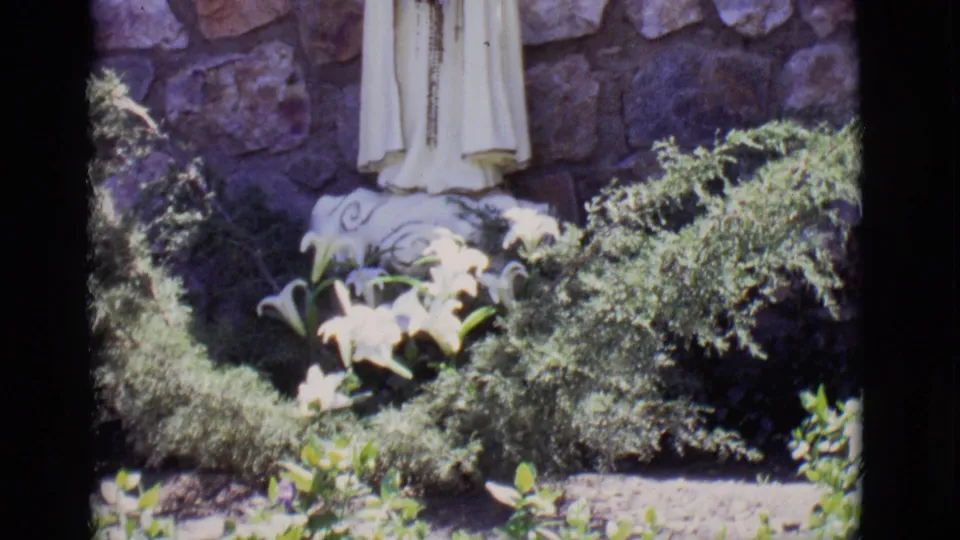 1965 San Luis, Colorado 8mm frame showing the lower half of a white Mary statue, white lilies, shrubs, and a stone wall.