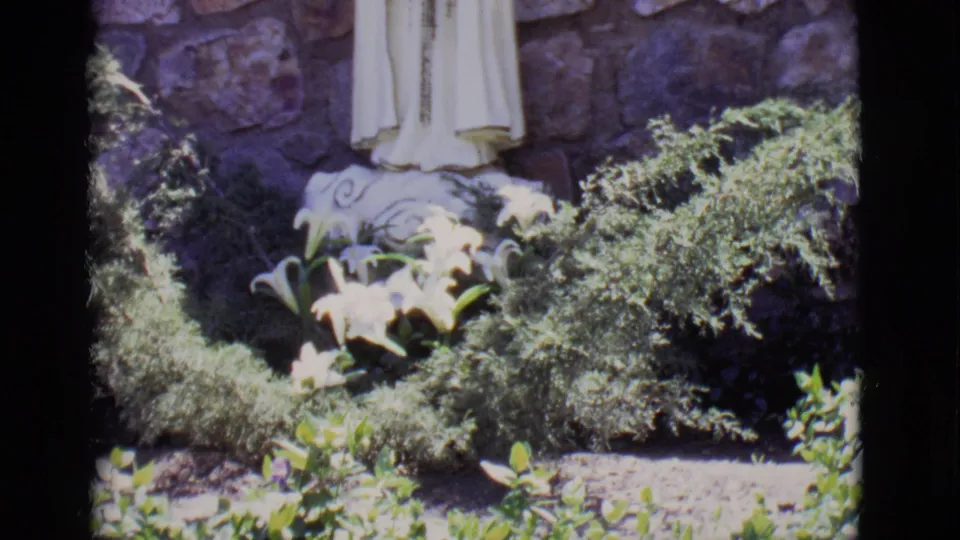 1965 San Luis, Colorado frame with lilies and dense shrubs around the base of a white-robed Mary statue before a stone wall.