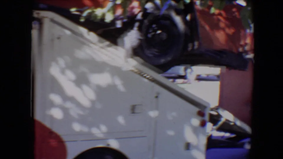 1967 home-movie frame showing the rear side of the safety patrol truck and a man partly visible near the vehicle.