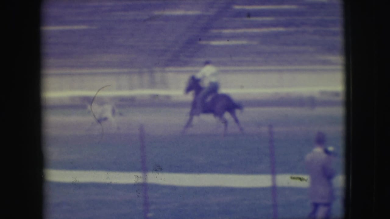 Mounted rider moving along a dirt track behind rail fencing.