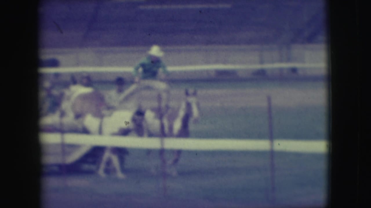 The rider remains standing across the pair of horses as they move through the Denver arena scene.