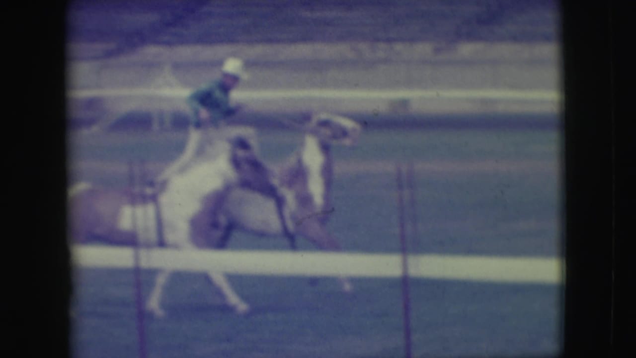 Rider on a light pinto horse racing along an arena rail.