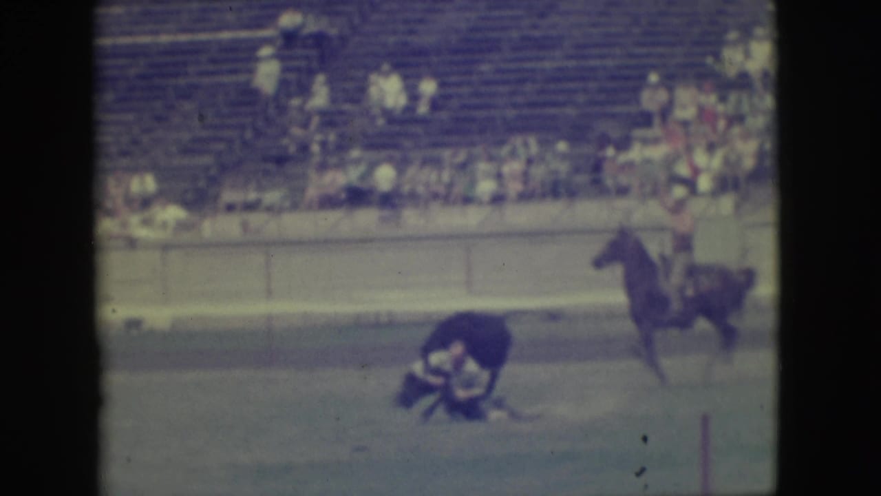1949 Denver rodeo scene with a cowboy wrestling a dark bull on the dirt while a rider on horseback watches near the bleachers.