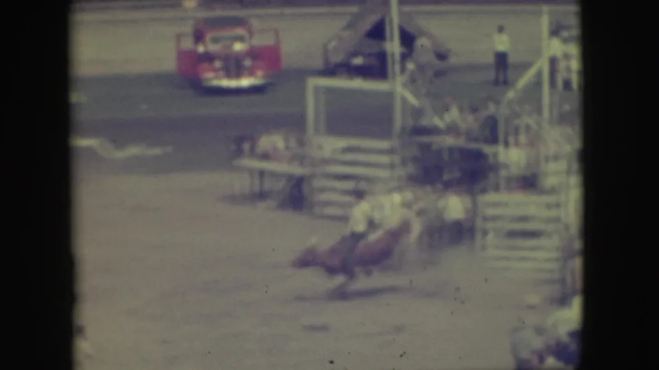 A wider Denver rodeo view shows the bull near the arena edge, spectators, a red car, and a small raised structure.