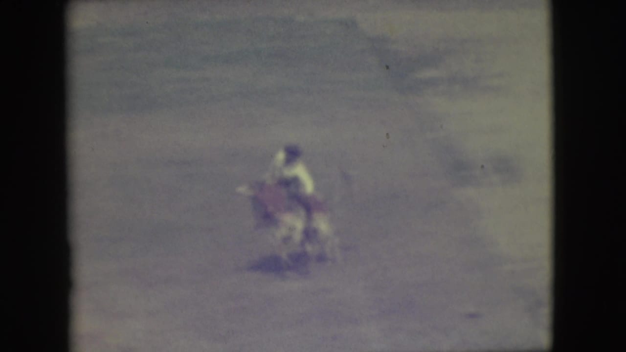 In 1949 Denver rodeo footage, a man in a light shirt rides a bucking cow across the dusty arena.