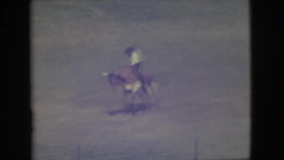 The rider remains on the bucking cow in the Denver rodeo arena, with the action blurred by distance and film grain.