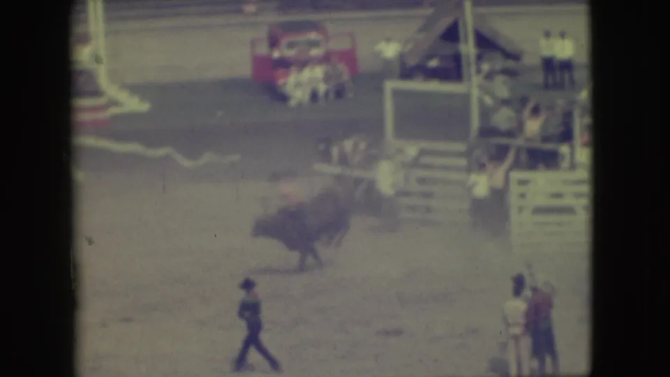 1949 Denver home-movie frame showing a bull in a fairground arena near a raised platform and clustered spectators.