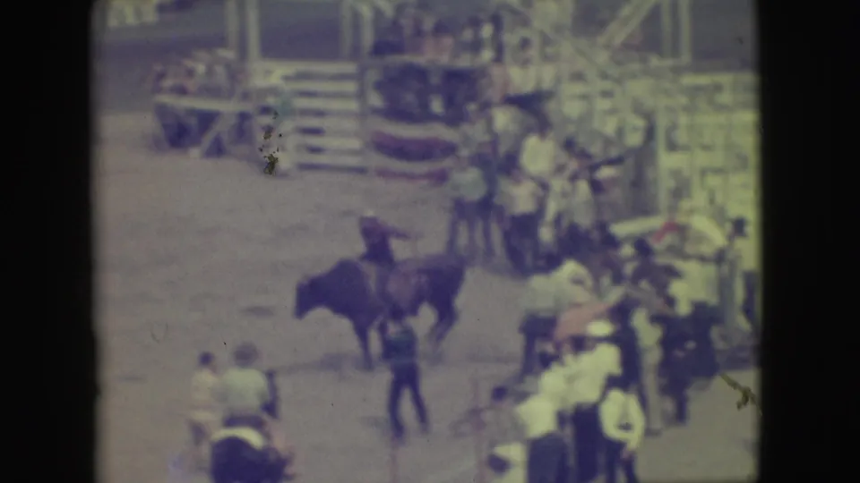 Spectators and handlers cluster near a bull at the edge of a Denver rodeo arena in soft 1949 8mm home-movie footage.