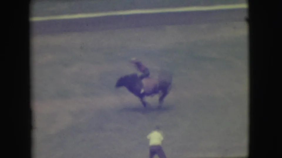 1949 Denver 8mm frame showing a bull bucking as a rider leans forward in an open arena.