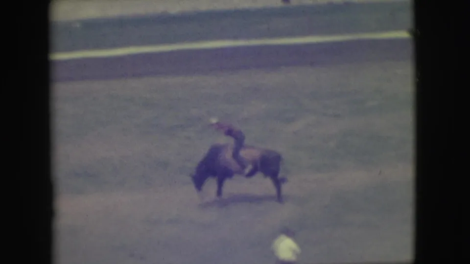 1949 Denver rodeo footage frame with a bull rider in motion and a light-shirted observer near the lower edge.