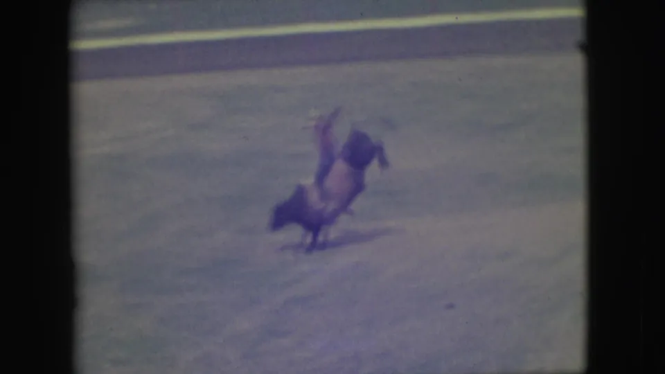 1949 Denver 8mm frame capturing the bull pitching downward as the rider is thrown upward in the arena.