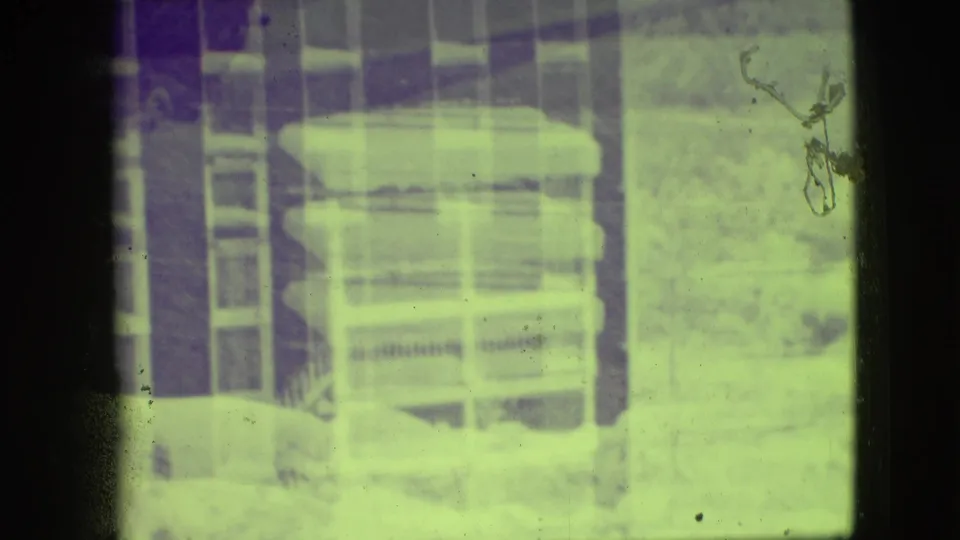 Elmwood Park home-movie frame from 1945 showing a snow-covered house exterior with porch railings and nearby winter trees.